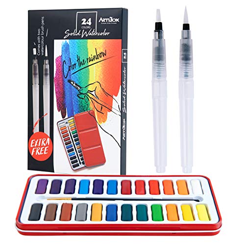 ARTIBOX Watercolor Beginner Paint Set,24 Assorted Vibrant Colors in Metal Box, Professional Watercolor Set with 2 Brushes, 1 Detail Painting Brush, Ideal for Beginner and Student