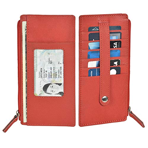 Leatherboss Leather All in One Card Case Holder Slim Wallet With Card Protection Strap, Red