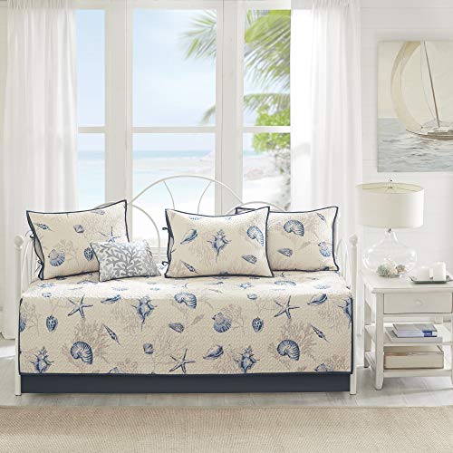 Madison Park Daybed Cover Double Sided Quilting Casual Design All Season Bedding Set with Bedskirt, Matching Shams, Decorative Pillow, 75'x39', Bayside, Coastal Seashell Blue