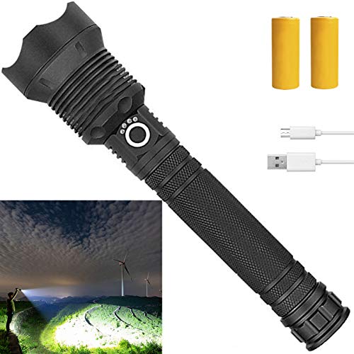 Rechargeable Led Flashlight, 90000 Lumens Super Bright Flashlights High Lumens Powerful Tactical Flashlight with Batteries Included, Zoomable, 3 Modes, Waterproof Flashlight for Emergencies, Camping…