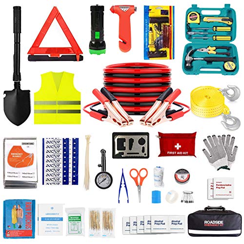 Car Emergency Kit with Jumper Cable,Auto Roadside Assistance Bag with Car Tool for Truck Vehicle LED Flashlight,Winter Traveler Safety Emergency Kit with Blanket Shovel Triangle First Aid Kit for SUV