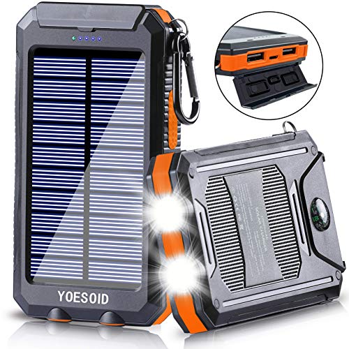 Solar Charger 20000mAh YOESOID Portable Solar Power Bank External Backup Battery Pack Waterproof Solar Phone Charger with Dual USB Ports 2 LED Light Carabiner and Compass for Smartphones