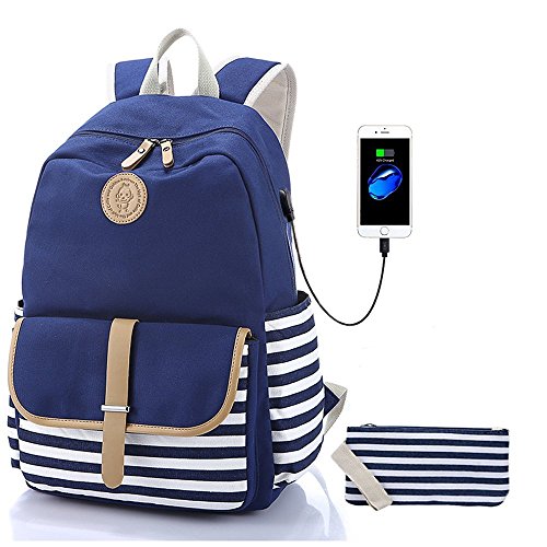 Sqodok Girls Backpack Waterproof, Women College Bookbag with USB Charging Port Pencil Case, Lightweight Travel Daypack 15.6inch Laptop Bag for School, Blue