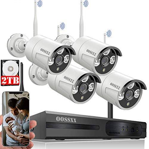 Expandable 8CH&Audio OOSSXX 8-Channel HD 1080P Wireless Security Camera System,4Pcs 1080P Wireless Indoor/Outdoor IR Bullet IP Camera with One-Way Audio,P2P,App, HDMI Cord & 2TB HDD Pre-Install