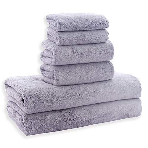 MoonQueen Premium Towel Set -Quick Drying - 2 Bath Towels, 2 Hand Towels 2 Washcloths - Premium Microfiber Coral Velvet Absorbent Towels for Bath Fitness, Shower, Sports, Yoga Towel (Grey 6 Pieces)