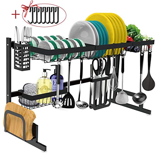 Dish Drying Rack Over the Sink -Adjustable Large Dish Rack Drainer for Kitchen Organization Storage Space Saver Shelf Holder with 7 Utility Hooks Dish Rack Over Sink (32≤ Sink Size ≤ 39.5 inch)