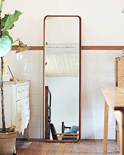 TinyTimes 63'×18' Wood Framed Full Length Mirror, Floor Mirror with Stand, Beech, Rounded Corner, Rustic Mirror, Free Standing or Wall Mounted, for Bedroom, Living Room, Dressing Room - Brown