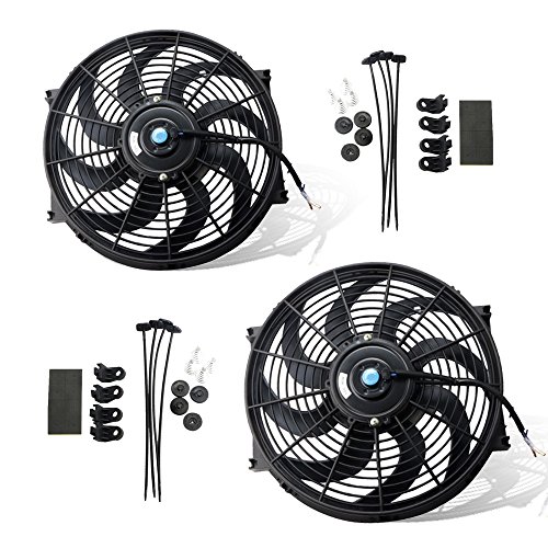 MOSTPLUS Black Universal Electric Radiator Slim Fan Push/Pull 12V + Mounting Kit (14 Inch) Set of 2