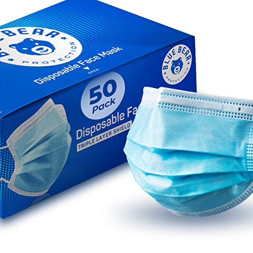 Blue Bear Protection Disposable & Breathable 3-Ply Face Masks — Single-Use Face Coverings with Ear Loops (50 pcs, Blue)