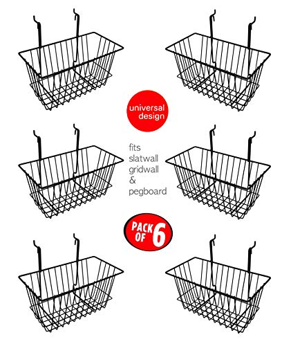 Only Hangers Small Wire Storage Baskets for Gridwall, Slatwall and Pegboard - Black Finish - Dimensions: 12' x 6' x 6' Deep - Economically Sold in a Set of 6 Baskets