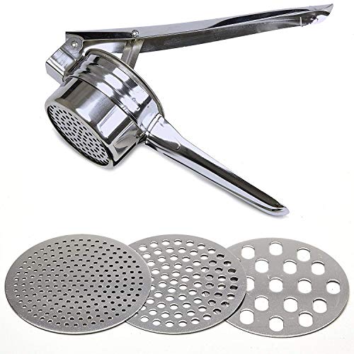 Stainless Steel Potato Ricer – Manual Masher for Potatoes, Fruits, Vegetables, Yams, Squash, Baby Food and More - 3 Interchangeable Discs for Fine, Medium, and Coarse, Easy To Use - by Tundras