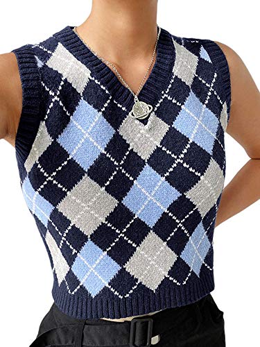 Women Argyle Plaid Knitted Sweater Vest Streetwear Preppy Style V Neck Crop Knitwear Tank Top (Dark Blue, S)