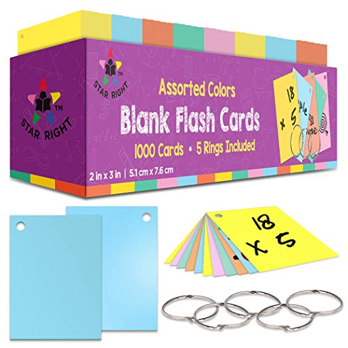 Star Right Blank Flashcards in Assorted Colors | 1000 Hole-Punched Cards with 5 Metal Sorting Rings | for School, Learning, Memory, Recipe Cards, and More