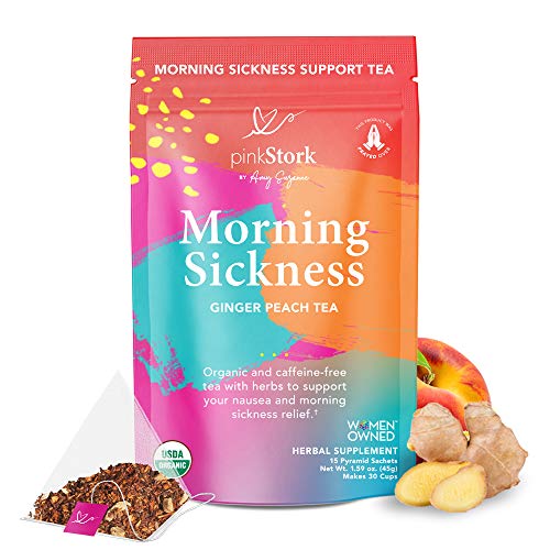 Pink Stork Morning Sickness Tea: Ginger Peach + USDA Organic + Nausea Relief + Supports Digestion & Hydration, Women-Owned, 30 Cups