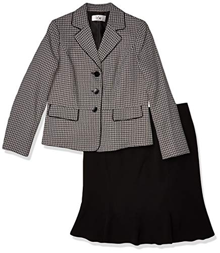 Le Suit Women's 3 Button Notch Collar Plaid Tweed Trumpet Skirt Suit, Black/White, 12