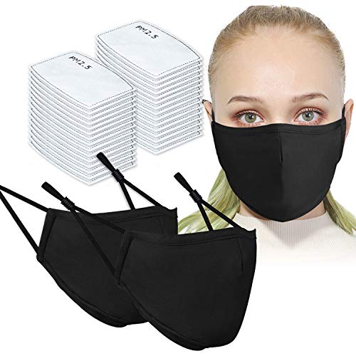 2PCS Adult Unisex Washable & Reusable Protective Face Masks with Filter Pocket + 30PCS PM2.5 Carbon Filters (Black)