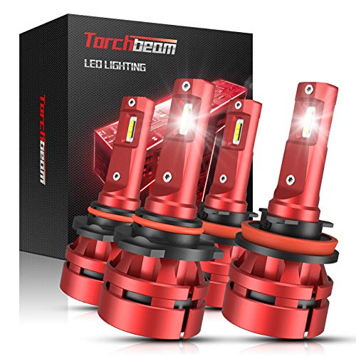 Torchbeam T2 9005 H11 LED Headlight Bulb Kit, High Beam Low Beam, 16000lm 6500K Cool White, 400% Brightness, Compact Design, Replacement Bulbs, Pack of 4