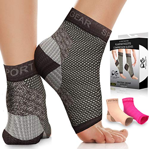 Physix Gear Plantar Fasciitis Socks with Arch Support for Men & Women - Best 24/7 Compression Foot Sleeve for Heel Spurs, Ankle, PF & Swelling - Holds Shape & Better Than a Night Splint - Black S/M