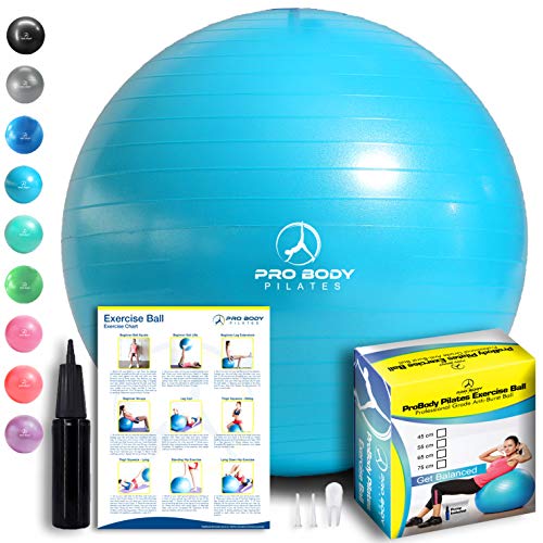 ProBody Pilates Exercise Ball - Professional Grade Anti-Burst Fitness, Balance Ball for Yoga, Birthing, Stability Gym Workout Training and Physical Therapy - Work Out Guide Included (Teal, 45 cm)