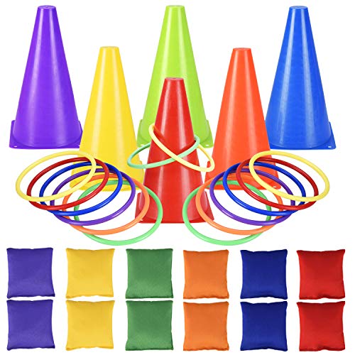 Alyoen Carnival Toss Games Combo Set, 30PCS Outdoor Plastic Cones Bean Bag Ring Toss Games for Kids/Children Party