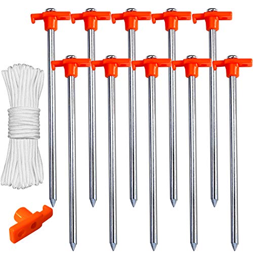 ABCCANOPY Tent Stakes, Camping Tent Stakes, 11' Galvanized Non-Rust Stakes Pegs for Pop Up Canopy, Camping Tent, Patio Shade, Hiking, 10pc-Pack, Bonus 4pcs 10ft Ropes & 1 PVC top (Orange)