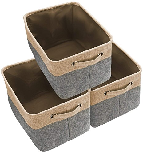 Awekris Large Storage Basket Bin Set [3-Pack] Storage Cube Box Foldable Canvas Fabric Collapsible Organizer With Handles For Home Office Closet, Grey/Tan (Grey)