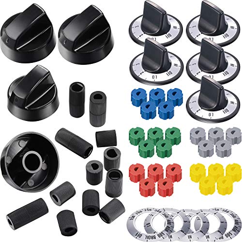 KN002 Electrical Knob Kit Compatible with Oven Range Burner Replace for GE AP5641247 MA-XP6 RK103 4 Pieces Black Control Knobs Replacement with 12 Pieces Universal Design Adapters