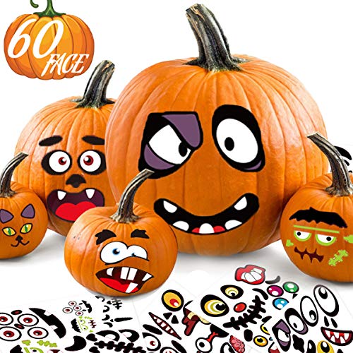 Halloween Stickers Pumpkin Decorating for Kids - Make 60 Funny Face and Classic Pumpkin Expressions Crafts, Holiday Decor Kit Party Best Gift for Kids - 12 Sheet