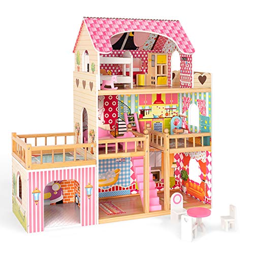 ROBUD Wooden Dollhouse with Furniture, Doll House Play Set Gift for Kids Girls