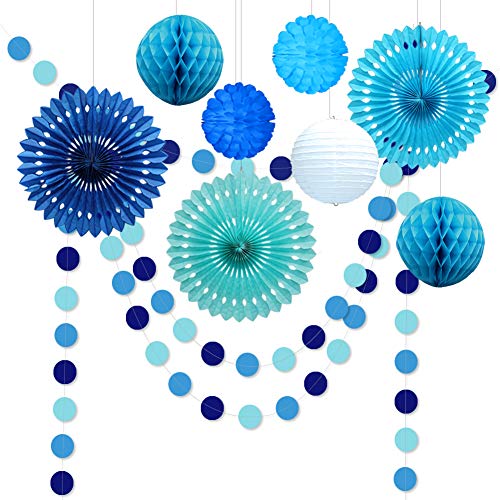 Decor365 Under The Sea Theme Blue Party Decorations Kit Boy Birthday Circle Banner Garlands Bunting Paper Fan Flower Pom Poms Decoration/Event Celebration Hanging Decor Baby Shower Wedding Kids Room