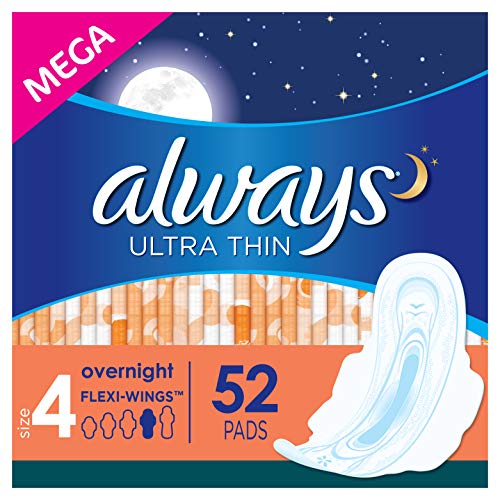 Always Ultra Thin, Size 4, Overnight Pads With Wings, Unscented, 52 Count (Pack of 3)