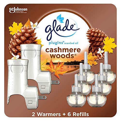 Glade PlugIns Refills Air Freshener Starter Kit, Scented Oil for Home and Bathroom, Cashmere Woods, 4.02 Fl Oz, 2 Warmers + 6 Refills