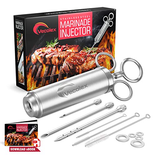 Heavy Duty Stainless Steel Meat Injector Syringe 2 Oz with 3 Needles, 3 Cleaning Brushes & Spare O Rings