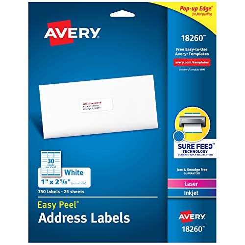 Avery Address Labels with Sure Feed for Laser & Inkjet Printers, 1' x 2-5/8', 750 Labels