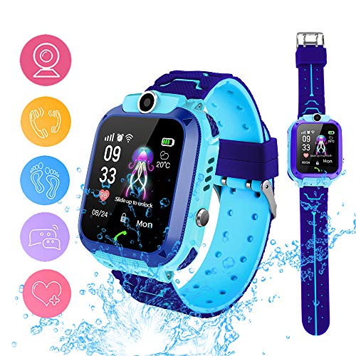 Smart Watch Phone for Kids, Waterproof Smartwatches with Tracker HD Touch Screen for Kids Games SOS Alarm Clock Camera Digital Wrist Watch Smartwatch Christmas Birthday Gifts for 3-12 Boy Girls(Blue)