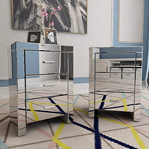 Mecor Mirrored Nightstand Set of 2 Mirror Accent Side Table Silver Finished End Table w/3 Drawers for Living Room/Bedroom (Silver)