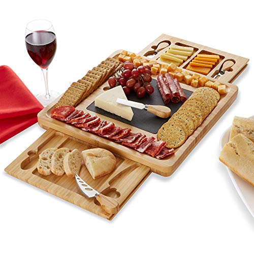 Casafield Organic Bamboo Cheese Board and Knife Gift Set with Removable Slate Cheese Plate - Charcuterie Platter Wooden Serving Tray with Hidden Snack Drawers, and 4 Stainless Steel Knives
