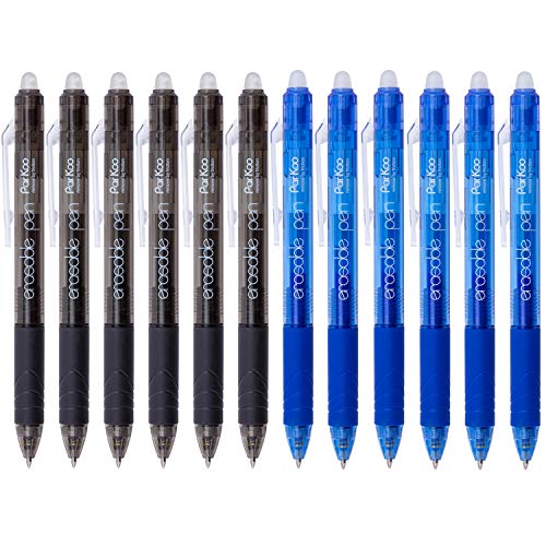 ParKoo Retractable Erasable Gel Pens Clicker Fine Point 0.7 mm, No Need for White Out, 6 Black/6 Blue Ink for Completing Sudoku and Crossword Puzzles