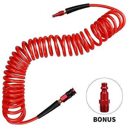 Hromee 1/4 in x 25 ft Polyurethane Recoil Air Hose with Bend Restrictors Compressor Hose with 1/4' Industrial Universal Quick Coupler and I/M Plug Kit, Red