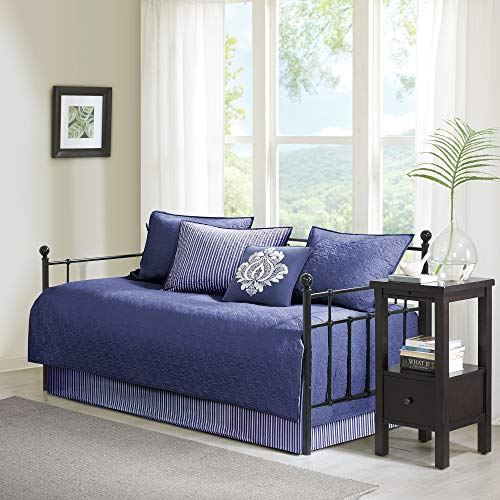 Madison Park Cotton Daybed Cover Set-Double Sided Quilting Classic Cottage Design All Season Bedding with Bedskirt, Matching Shams, Decorative Pillow, 75'x39', Quebec Navy 6 Piece