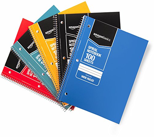 AmazonBasics Wide Ruled Wirebound Spiral Notebook, 100 Sheet, Assorted Solid Colors, 5-Pack