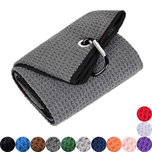 Mile High Life Tri-fold Golf Towel | Premium Microfiber Fabric | Waffle Pattern | Heavy Duty Carabiner Clip (Dark Gray/Black)