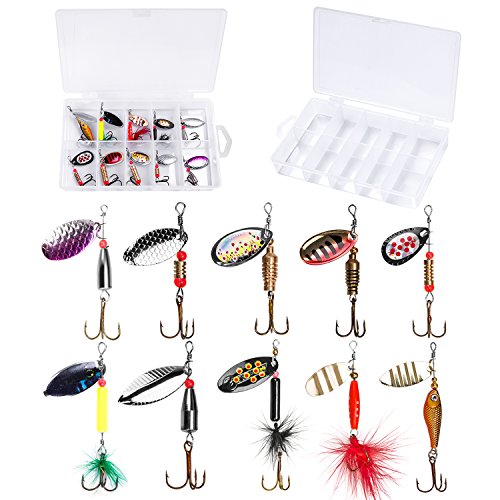 PLUSINNO Fishing Lures for Bass Spinner Lures with Portable Carry Bag,Bass Lures Trout Lures Hard Metal Spinner Baits?Kit (10pcs Spinner Set with Box)