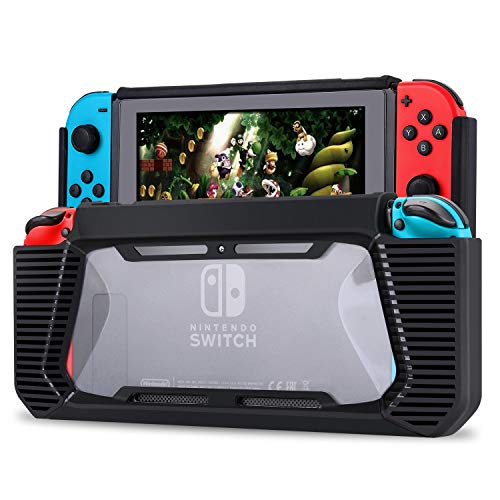 Bisikor Protective Case Compatible with Nintendo Switch Heavy Duty Shock-Absorption Bumper Easy Grip Slim Cover Case with Tempered Glass Screen Protector (Black)