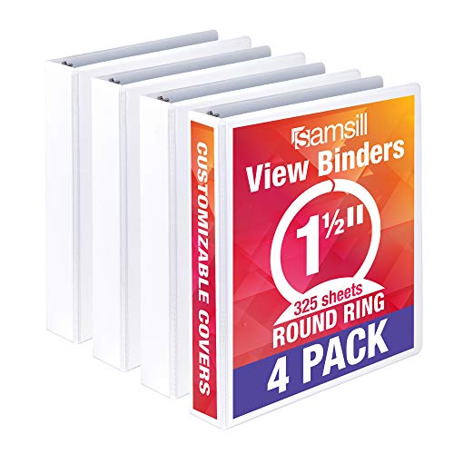 Samsill Economy 3 Ring Binder Organizer, 1.5 Inch Round Ring Binder, Customizable Clear View Cover, White Bulk Binder 4 Pack, MP48557