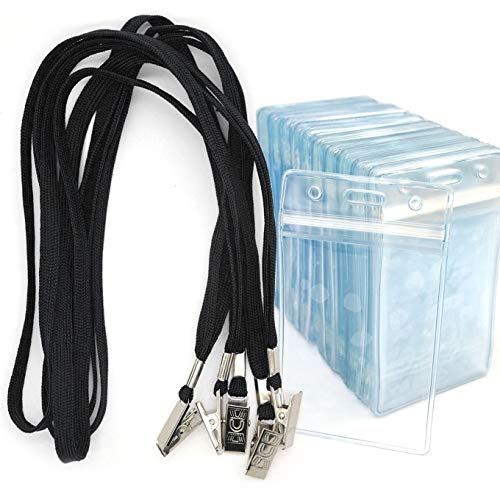 Name Badge Bird Fiy 50 Pack Lanyards with Bulldog Clip and 50 Pack Waterproof Clear Plastic Vertical Name Tag Badge ID Card Holders(Black)