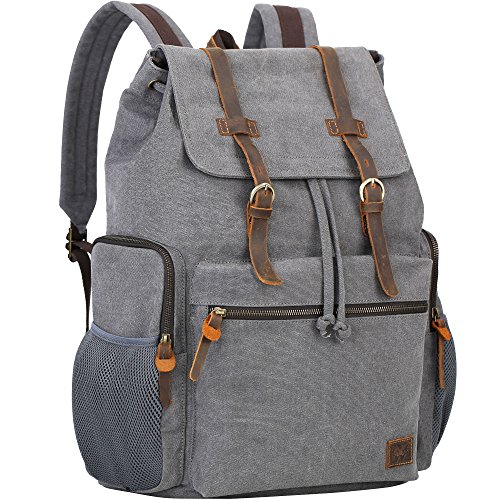 WOWBOX Canvas Backpack Vintage Leather 17.3 Inch Laptop School Backpack Travel Rucksack Grey