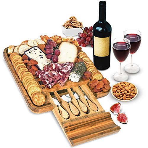 Bamboo Cheese Board and Knife Set - Wood Charcuterie Board Set - Serving Meat & Cheese Board with Slide-Out Drawer for Cutlery - 4 Stainless Steel Knives and Server