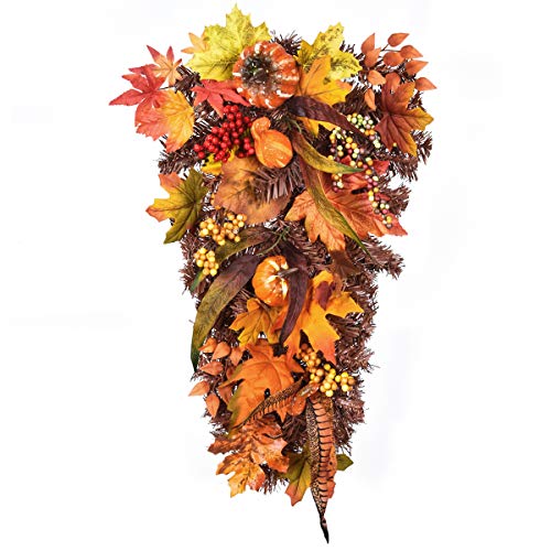 Shiny Flower Artificial Wall Swags Fall Door Wreaths Maple Leaves Garland Hanging Plants with Berry Pumpkins Maple Leaves for Thanksgiving Day Decoration