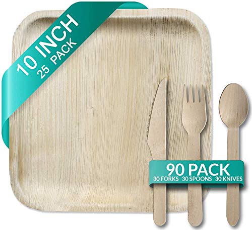 Palm Leaf Plates 10” and Wooden Cutlery Bundle | 25 Square Plates, 90pc Set of 30x Spoons, Forks, Knives | Disposable Ecofriendly Biodegradable Dinnerware | Better than Bamboo, Paper or Wood